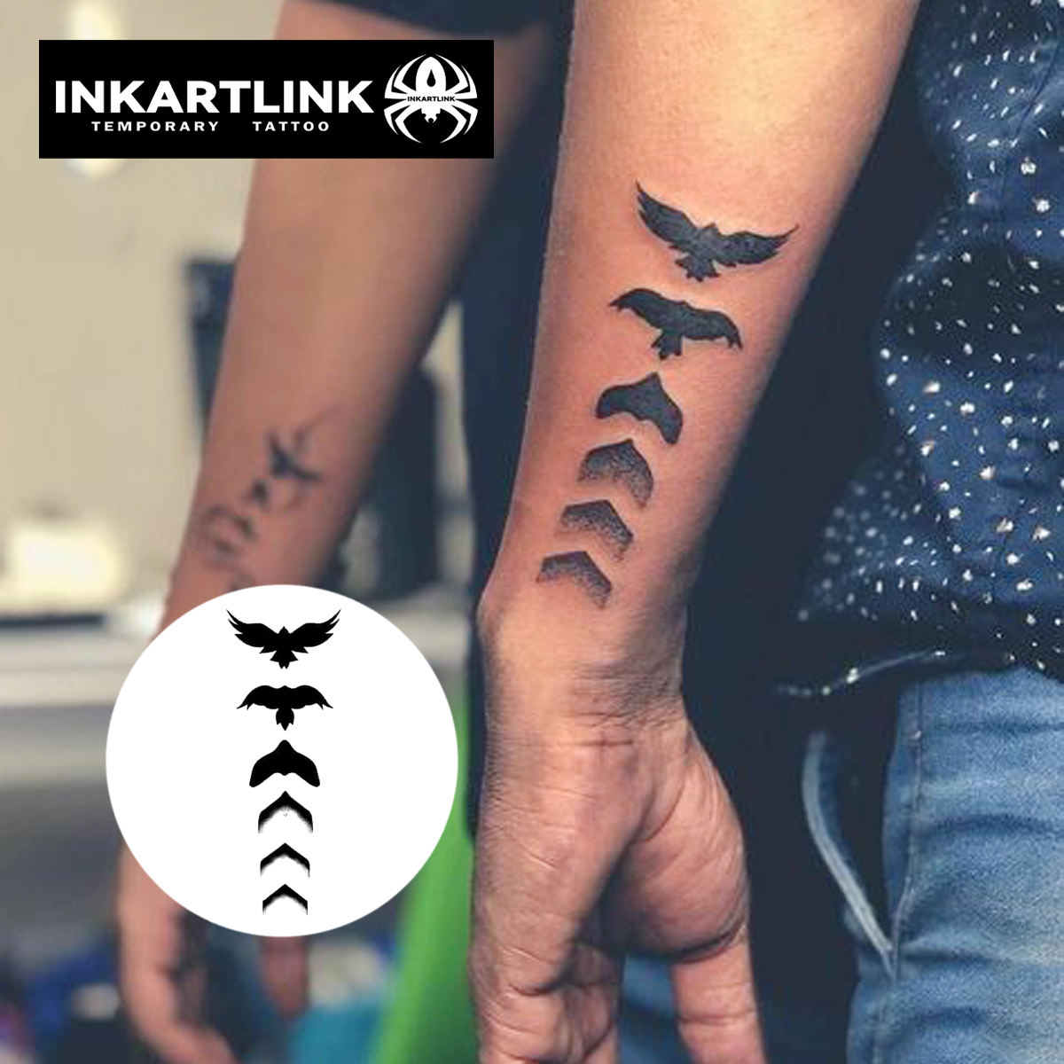 Flying Birds Sequence Semi-permanent Tattoo Sticker Long Lasting 2 Weeks 15 Days Waterproof Body Art for Men Women Arm